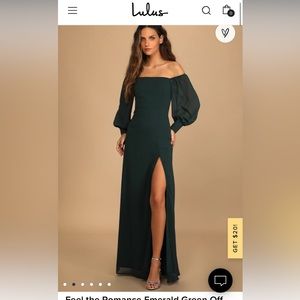 Emerald green Lulus - feel the romance off the shoulder maxi dress